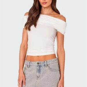NWOT Edikted Strawberry White Gathered Fold Over Off The Shoulder Top size XS